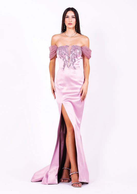 Официална рокля с паднал тюлен ръкав, идеална за абитуриентска рокля.